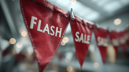 Colorful red flags display "FLASH SALE" in bold letters, signaling a promotional event, with a blurred background enhancing the festive atmosphere.