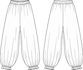 Loose ruffle cuff pants technical drawing, fashion flat sketch, front and back apparel template, garment design outline for clothing production and pattern development