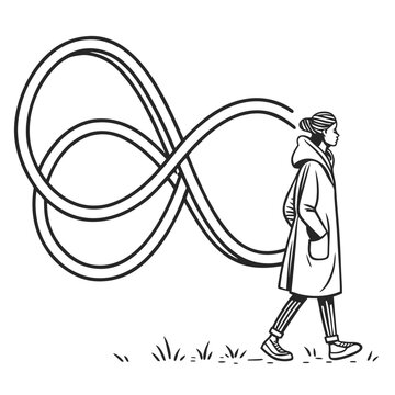 Contemplative woman walking with an infinity symbol connecting to her mind, isolated on, representing endless possibilities, thoughts, and the journey of life