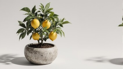 A small lemon tree with ripe yellow lemons in a concrete pot on a white background.