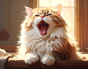 A fluffy, orange and white cat is yawning widely in a sunlit room, close to a window. The cat's fur is highlighted