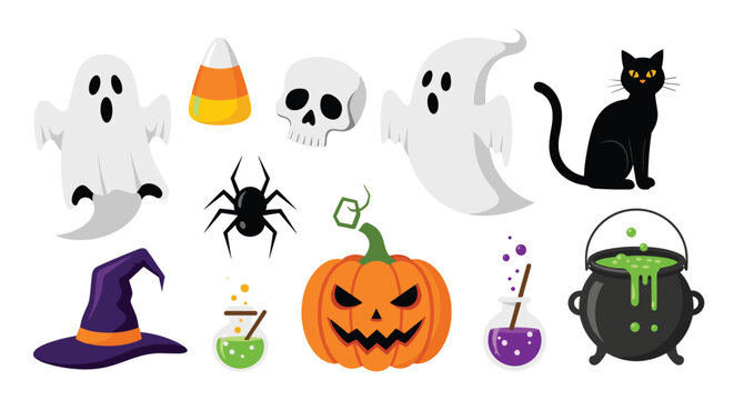 A collection of cute and spooky Halloween cartoon illustrations featuring ghosts, pumpkins, a witch hat, candy, and potions, perfect for holiday designs.