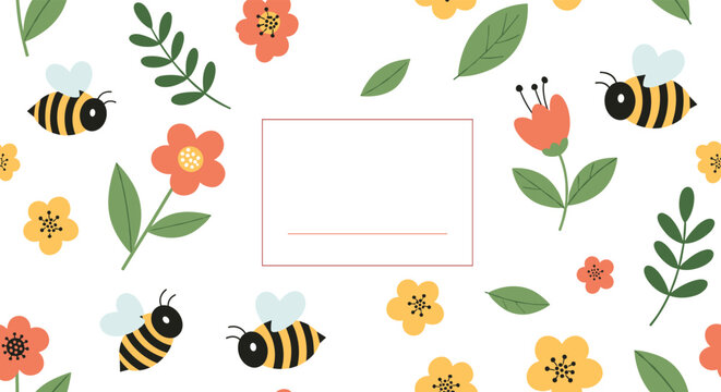 Cute spring pattern featuring busy bees, colorful flowers, and green leaves on a white background with a central text frame. - Powered by Adobe