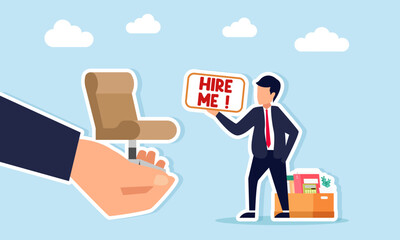 Businessman holding a Hire Me sign near a hand offering an office chair illustration of company employee recruitment