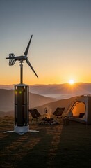 Off Grid Camping with Portable Wind Power and Campfire Against Golden Sunrise Landscape
