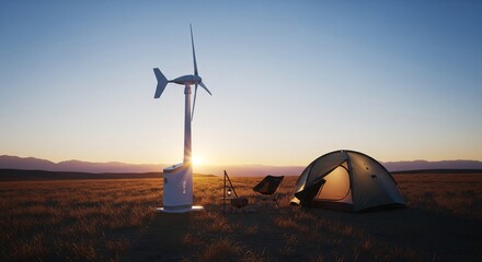 Portable Wind Generator Provides Sustainable Power for Camping in a Remote Field at Sunset
