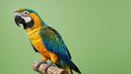 Blue and Yellow Macaw Parrot Perched on a Branch Against a Green Background.