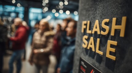 A vibrant retail scene featuring a "Flash Sale" sign amidst blurred shoppers, indicating a lively shopping atmosphere.