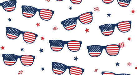 Fototapeta premium Festive seamless pattern of American flag sunglasses and scattered stars on a white background, ideal for patriotic celebrations.