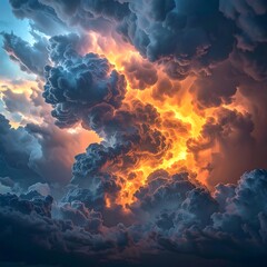 A dramatic depiction of an intensely luminous celestial event. Dark, swirling clouds contrast the bright, fiery core, suggesting immense energy
