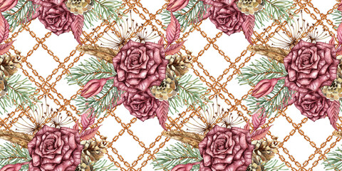 Burgundy roses, fir branches, cones, dry branches, dried flowers, leaves and chains - seamless pattern, watercolor illustration. Isolated, suitable for Christmas and New Year wrapping paper, fabric, 