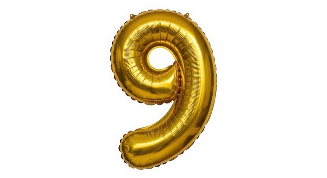 Golden foil balloon number nine isolated on a white background