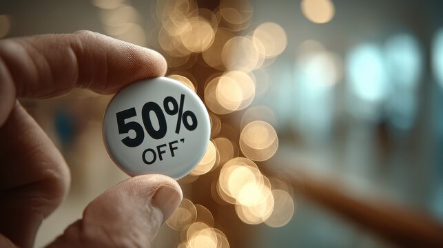 A hand holds a circular discount tag reading "50% OFF," with a blurred bokeh background, suggesting a shopping or promotional context.
