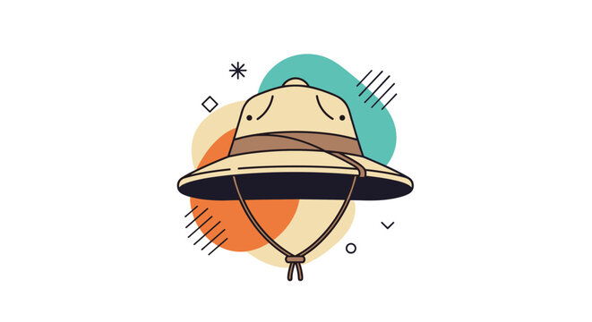 A modern vector illustration of a classic beige safari hat or pith helmet with a chin strap, set against vibrant abstract shapes and geometric accents.