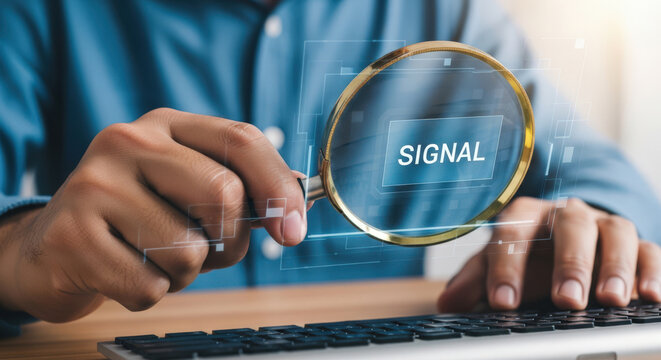 Identifying Market Signals A Businessman Using a Magnifying Glass to Analyze a Virtual Signal Displayed on a Computer Screen for Strategic Investment Decisions