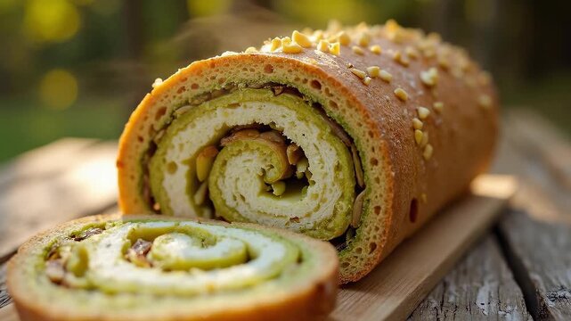 Fresh baked savory roll with pesto swirl filling and nuts outdoors