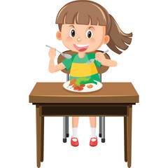 Young girl sits at a wooden table holding a fork and knife ready to eat a plate of food with green and red vegetables and rice on a transparent background