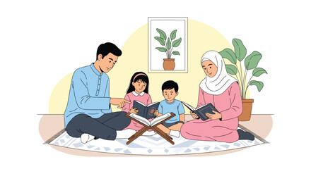 Flat vector illustration of Islamic family reading Quran together at home using traditional book stand. Solid tones, no gradients, spiritual Muslim family lifestyle scene