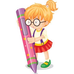 Young Girl Wearing Glasses And Yellow Suspenders Holds A Giant Pink Crayon With Stars And Stripes Design