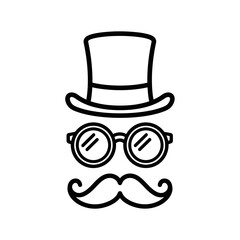Gentleman Face Icon with Hat, Glasses, and Mustache – Vintage Silhouette Vector