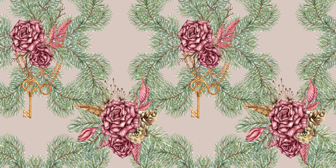 Roses spruce key chain pattern warm nude watercolor
