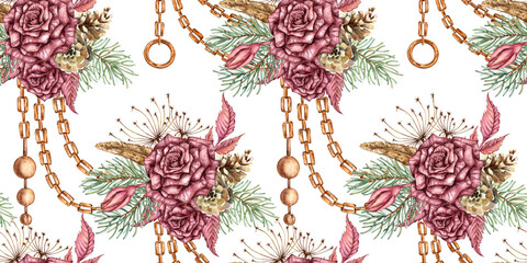 Burgundy roses, fir branches, cones, dry branches, dried flowers, leaves and chains - seamless pattern, watercolor illustration. Isolated, suitable for Christmas and New Year wrapping paper, fabric,