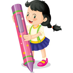 Young Girl With Braids Holding A Large Pink Crayon With Stars And Stripes Illustration On Transparent Background