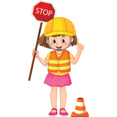 Young Girl Wearing Yellow Hard Hat and Orange Safety Vest Holding Stop Sign with One Finger Raised in a Playful Gesture with a Traffic Cone Nearby on a White Background