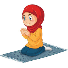 Young Girl Wearing Red Hijab and Yellow Shirt Kneeling on Prayer Mat Praying with Hands Together With Blue Background