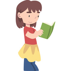 Young Girl With Brown Hair Wearing Red Shirt Yellow Skirt And Blue Jeans Reading A Green Book On Transparent Background