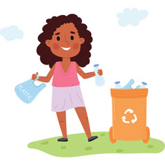 Young Girl With Dark Curly Hair Wearing Pink Tank Top and Purple Skirt Recycling Plastic Bottles Into Orange Bin Outdoors On Grassy Field With Clouds