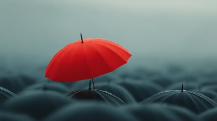 A striking red umbrella stands out amid a sea of dark umbrellas in a misty setting, symbolizing individuality and hope.