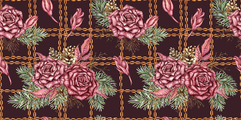 Burgundy roses, fir branches, cones, dry branches, dried flowers, leaves and chains seamless pattern, watercolor illustration. Isolated Deep Maroon, suitable for Christmas and New Year wrapping paper