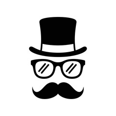 Gentleman Face Icon with Hat, Glasses, and Mustache – Vintage Silhouette Vector