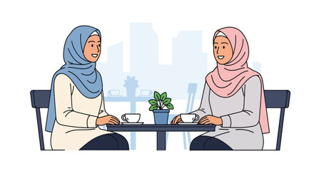 Flat vector Muslim women wearing hijabs chatting at an outdoor café. Solid color palette, no gradients, modern Islamic social lifestyle and sisterhood theme