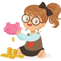 Young girl with glasses and ponytail wearing brown vest and red tie putting coins into a pink piggy bank surrounded by stacks of gold coins on a transparent background