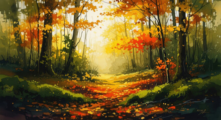 Fototapeta premium Impressionistic Autumn Forest Watercolor Painting with Vibrant Hues of Orange, Yellow, and Green, Capturing the Essence of the Season's Beauty and Serene Atmosphere