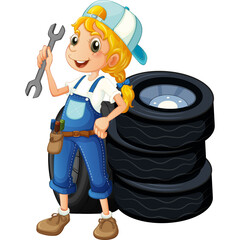 Young Girl Mechanic Dressed In Blue Overalls And Cap Holding Wrench Standing Beside Stack Of Car Tires With A Transparent Background