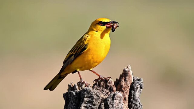 Bright yellow weaver bird perches attentively on weathered tree stump outdoors in sunlight