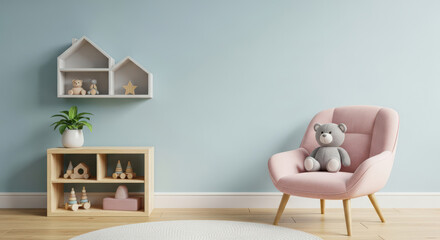 Charming Nursery Interior with Pastel Blue Wall, Pink Armchair, and Wooden Shelves Displaying Toys A Serene and Playful Space for Children's Imagination