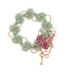 Wreath of burgundy roses, fir branches, cones, feather, chains, key, pendant and clock elements. Watercolor illustration in steampunk style for Christmas and New Year decor. Isolated from background.