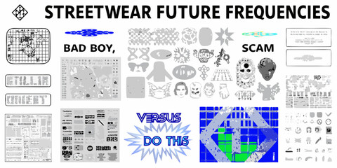 Streetwear future frequencies collection of graphic elements and textures