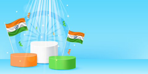 Happy Republic Day India background with podiums, waving flags, festive confetti, empty space. Patriotic tricolor illustration celebration design. Vector illustration