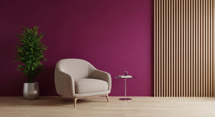 Interior Design with Plum Wall and Beige Armchair A Modern Living Room with a Plant and Wooden Slats for a Stylish and Comfortable Home Decor Arrangement