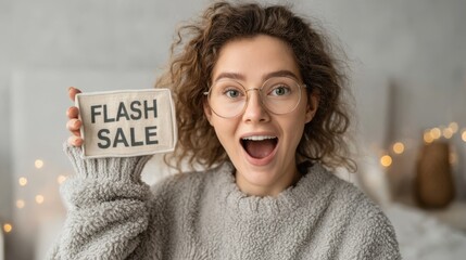 A cheerful young woman in cozy attire holds a sign announcing a flash sale, expressing excitement in a warm, inviting environment.