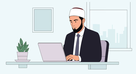 Flat vector Muslim man in kufi hat working on laptop at desk with modern office items. Solid tones, no gradients, Islamic professional lifestyle theme