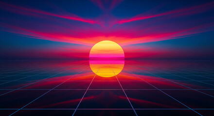 Vibrant synthwave sunset with glowing horizon and retro grid, perfect for music visuals, tech presentations, and futuristic designs in stunning 80s style