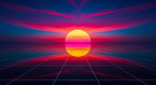 Vibrant synthwave sunset with glowing horizon and retro grid, perfect for music visuals, tech presentations, and futuristic designs in stunning 80s style