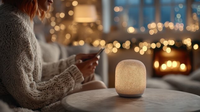 A cozy indoor scene featuring a person in a warm sweater, using a smartphone near a glowing smart speaker, with beautiful bokeh lights in the background.