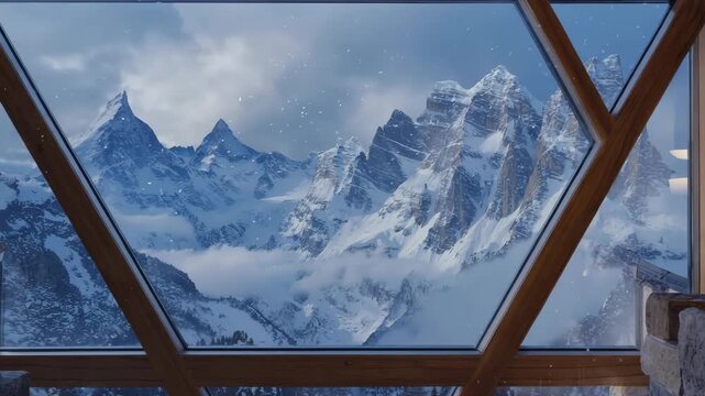 Panoramic view of snow-capped mountains from window of chalet or hotel. Mountain vacation. Ski resort